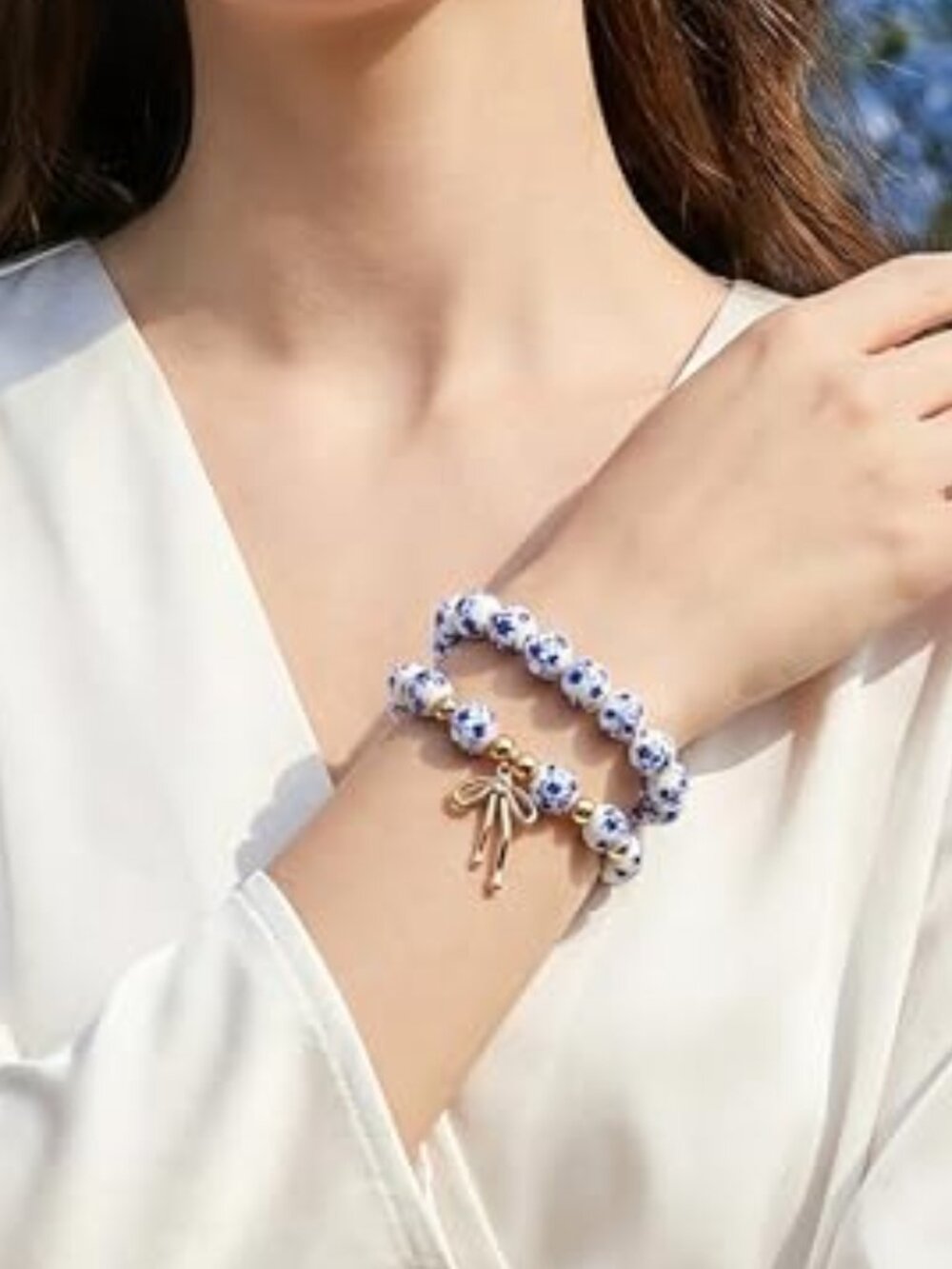 2PCS Blue White Porcelain Bow Charmā Bracelets